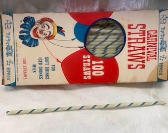 Vintage 1968 Carnival Paper Straws Box Blue White Stripe More Than Half Full Clown Soda Fountain Bar Decor USA
