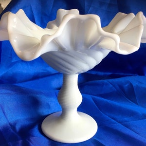 Vintage White milk glass pedestal bowl candy dish Rubbled Edge Centerpiece