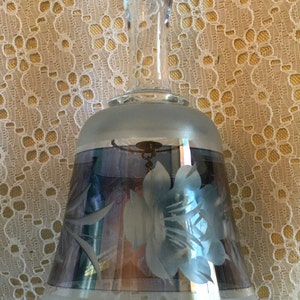 Crystal Clear and Frosted Bell with Blue Rose Floral Design Gold Trim Pleasant Pretty Ring Sound Elegant Wedding Christmas Tablescape