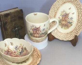 Set Oster-Schatz Ostern-Tischbild-Geschirr 450 ml Kaffeetasse Schüssel Ovaler Teller Korb-Geflecht-Häschen-Frühling Gedeck-Dekor
