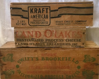 Vintage Wooden Cheese Box Crates | Choice of Kraft, Land O'Lakes, or Swift's Brookfield | Primitive Farmhouse Storage Rustic Kitchen Decor