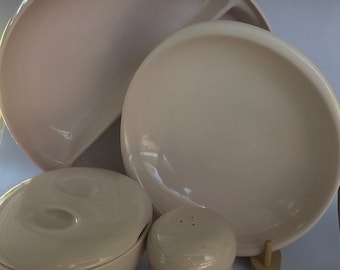 Pink Sherbet Iroquois Casual China by Russel Wright Covered Coupe Soup Bowl & Plate Divided Vegetable Dish Stacked Salt Pepper Gumbo Bowl