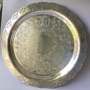 Round Home Decorators Inc Silver Plate Hollowware 13&quot; Serving Tray Platter Pierced Border Intricately Designed Repousse Motif Centerpiece