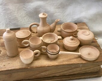 13 Piece Vintage Hand Turned Wood Miniature Kitchen Set Reed Handle Pots Teapot Cups Steamer Skillet Lidded Mid Century