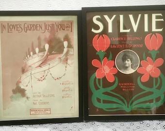 Choice Antique Framed Sheet Music Choice 1904 Sylvie Lillian Taylor or 1913 In Love's Garden Art Nouveau Tin Pan Alley Music Wall Art