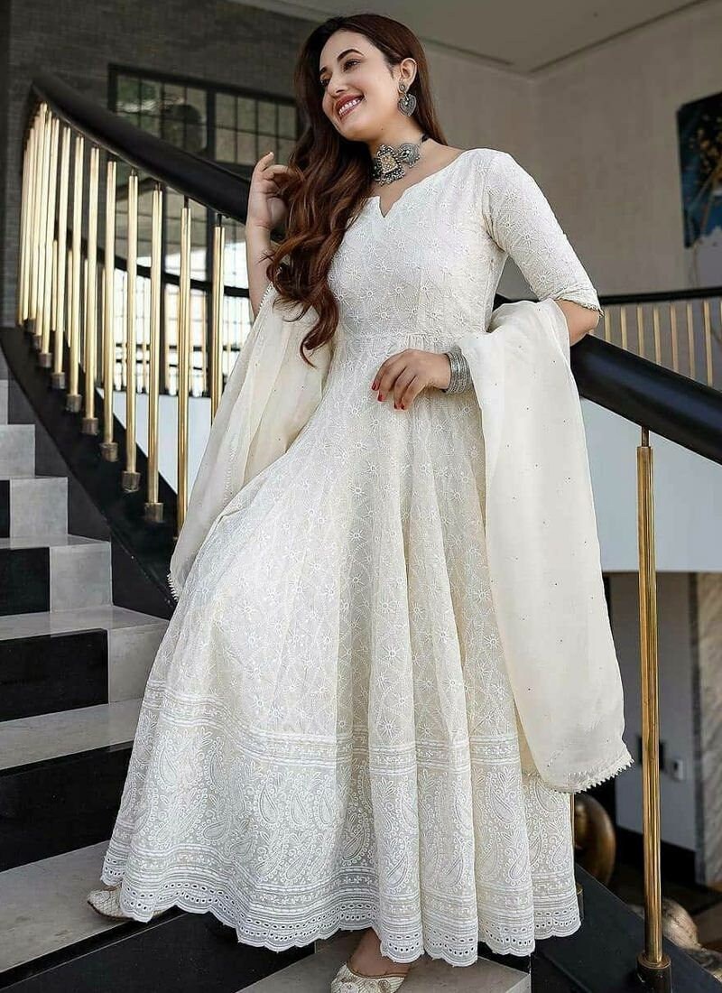 White Anarkali Frock Suit Dress for 