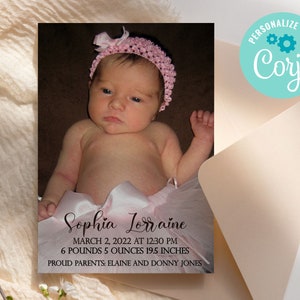 Photo Baby Birth Announcement, Newborn Announcement Card, Baby Photo Card, Editable Birth Announcement, Digital Download, Corjl Template
