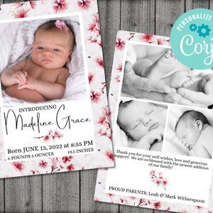 Photo Baby Birth Announcement, Newborn Announcement Card, Baby Photo Card, Editable Birth Announcement, Digital Download, Corjl Template