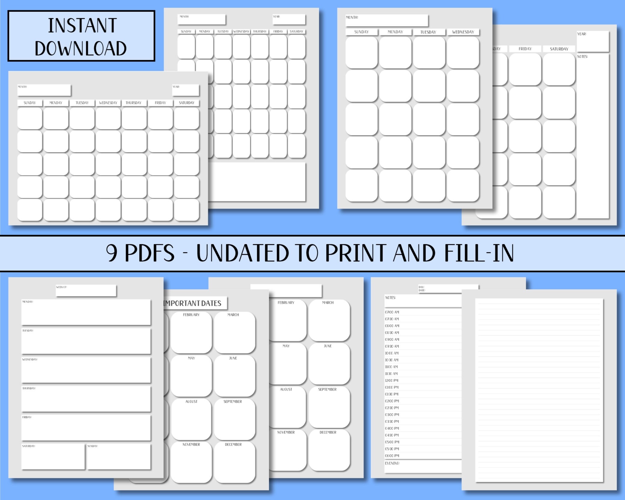 Blank Calendar Bundle: Printable Calendar, Planner, Schedule Pages ...