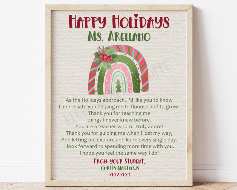 Teacher Appreciation Christmas Gift Printable, Merry Christmas Teacher Poem, Happy Holidays