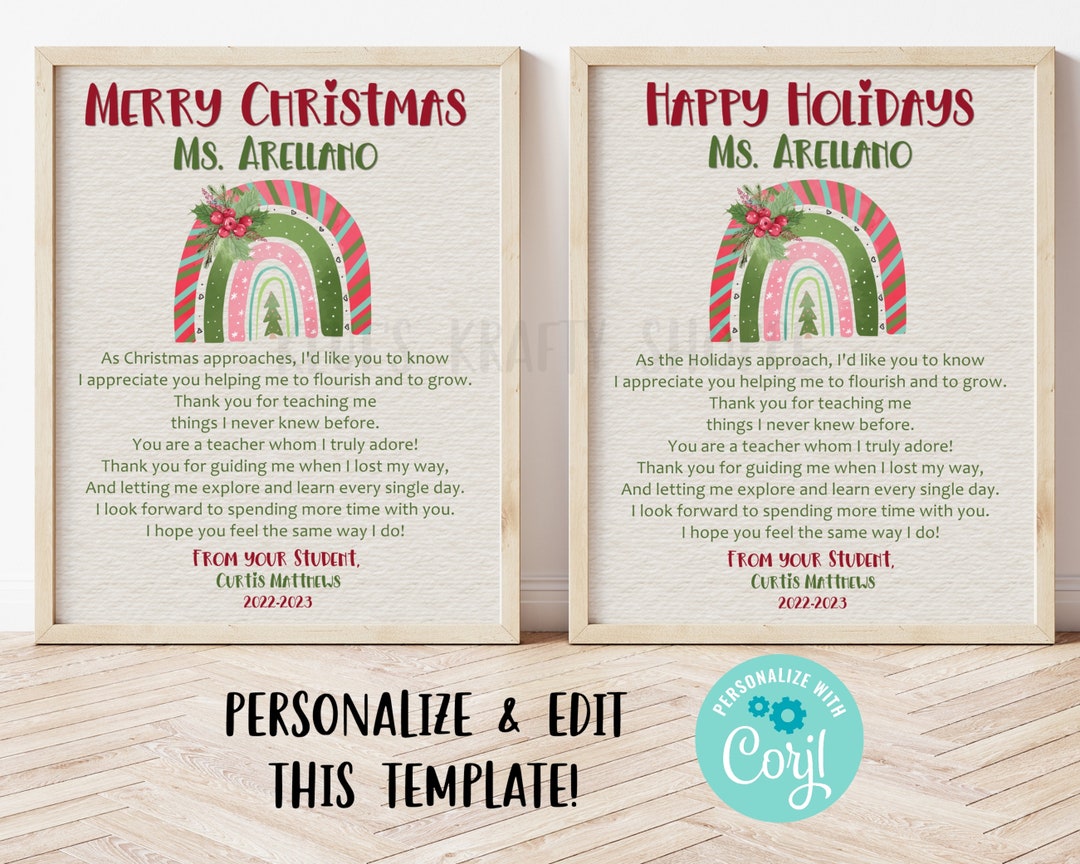 Teacher Appreciation Christmas Gift Printable, Merry Christmas Teacher Poem, Happy Holidays