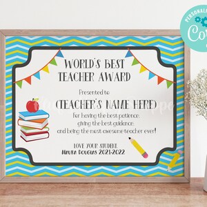 DIY Teacher Appreciation Gift Printable Gift, World&#39;s Best Teacher Award, Digital Download Editable Corjl Template, DIY Personalized, Custom