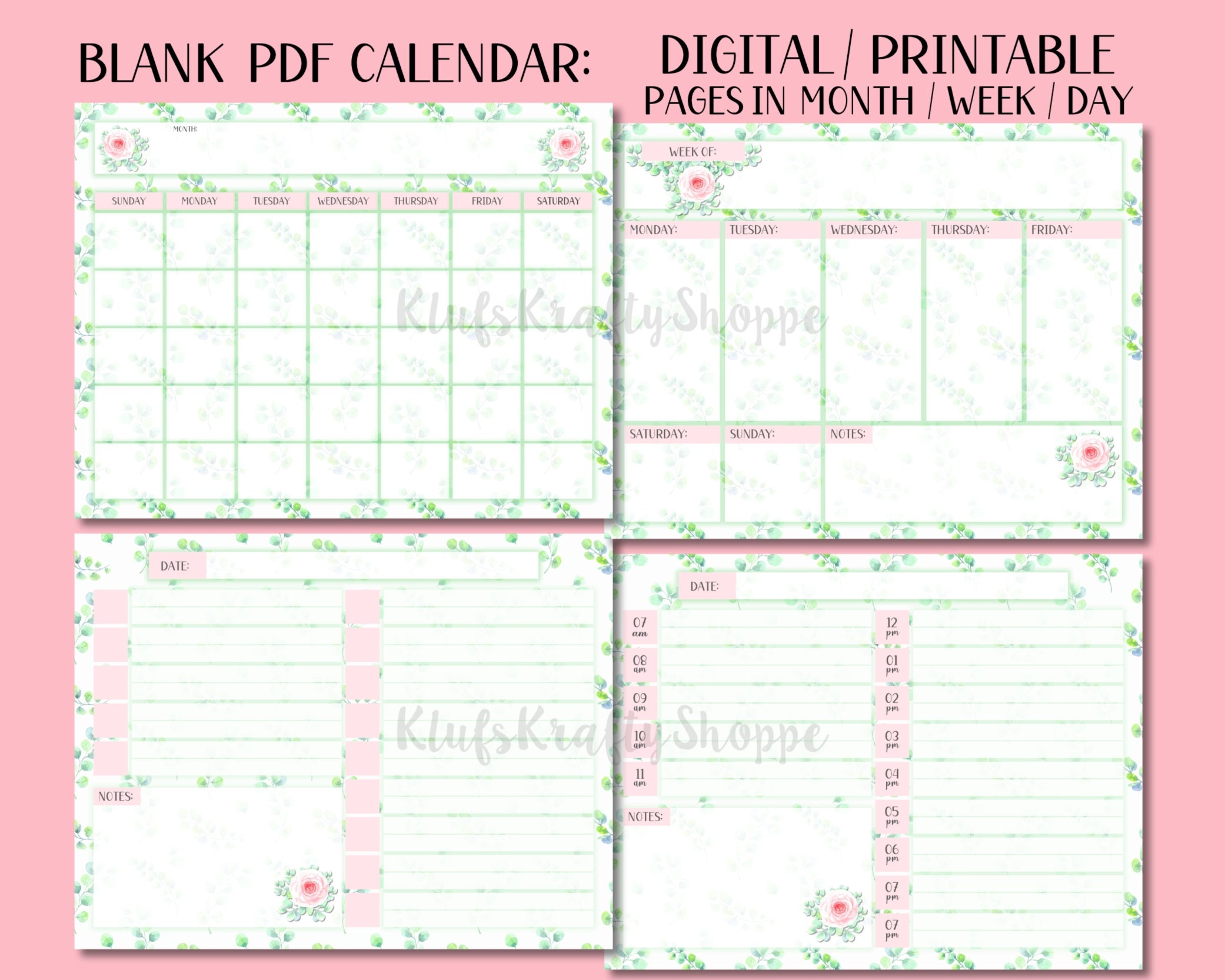 Blank Undated Calendar, Digital Planner Schedule Pages, Undated Weekly ...