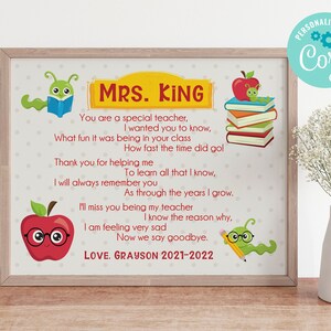 Teacher Appreciation Gift Printable Gift, Special Teacher Poem, Digital Download Editable Corjl Template, DIY Custom Personalized