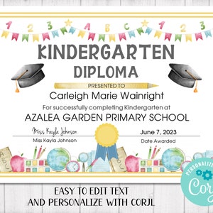 DIY bearbeitbares Kindergartendiplom, Kindergartenabschlussfeier, Kindergartenzertifikat, druckbares Diplom, digitaler Download, Corjl-Vorlage