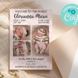 Photo Baby Birth Announcement, Newborn Announcement Card, Baby Photo Card, Editable Birth Announcement, Digital Download, Corjl Template