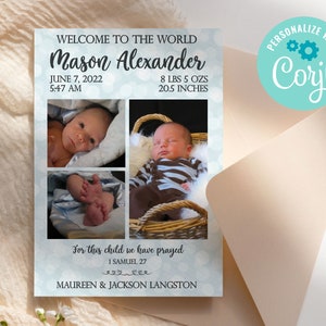 Photo Baby Birth Announcement, Newborn Announcement Card, Baby Photo Card, Editable Birth Announcement, Digital Download, Corjl Template