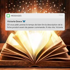 May include: A message in a chat bubble with a blue butterfly icon. The message reads: "Victoria Grace. S'il vous pla&icirc;t, prenez le temps de bien lire la description de la fiche produit avant de passer commande. &Agrave; tr&egrave;s vite, Victoria."