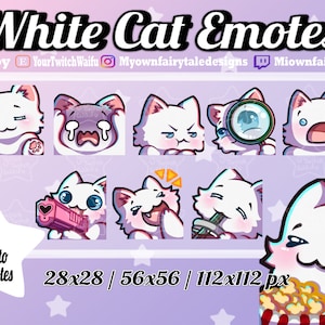 Chibi White Cat Twitch Emotes - 9 Pack - Cute