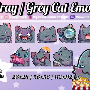 Chibi Gray Cat Emotes - Twitch - Discord - Cute / Kawaii / 9 Pack