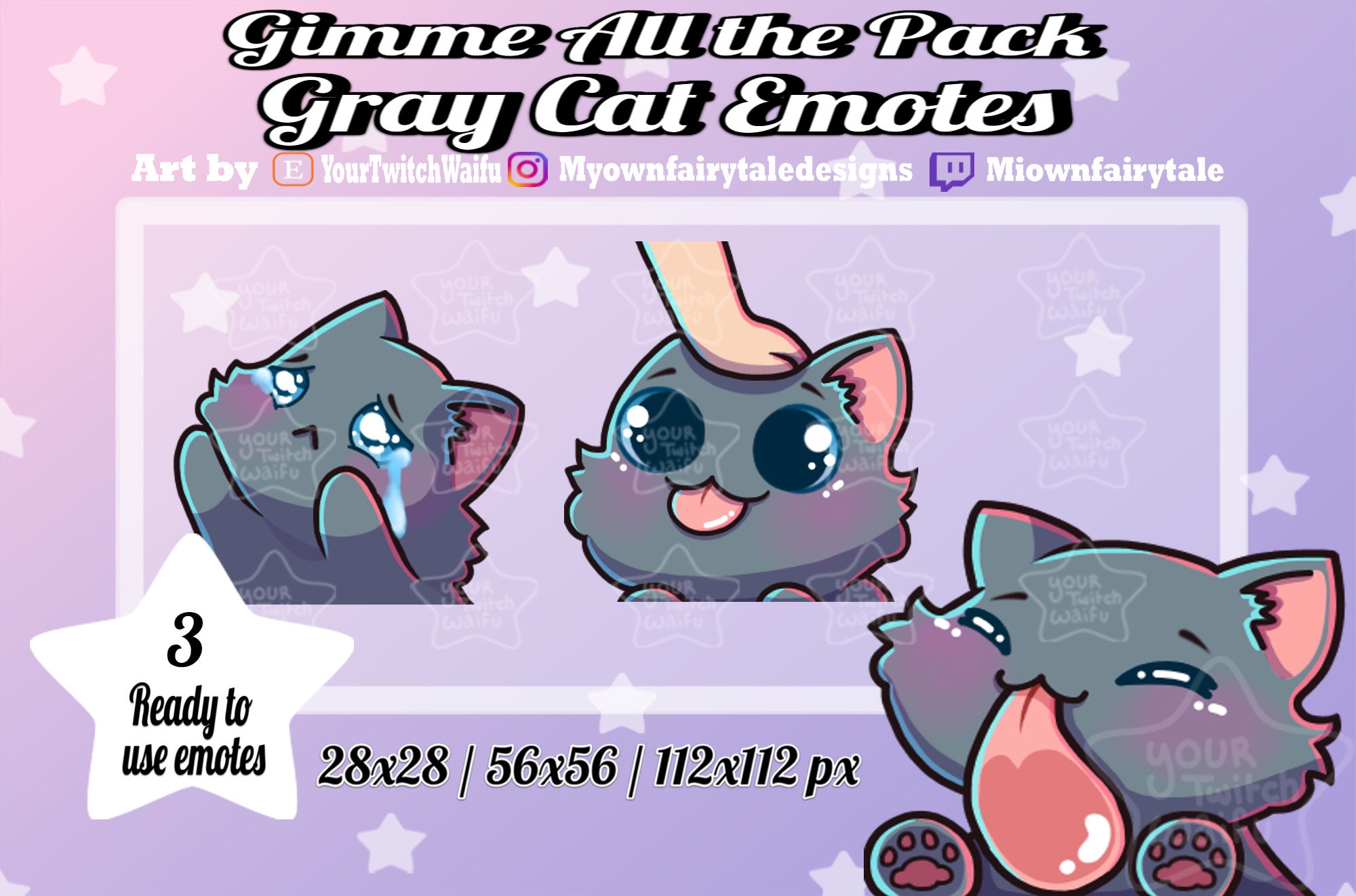 Gray Cat Emotes / Russian Blue Cat Emotes - Gimme All the - Twitch - Discord - YouTube - Kawaii - Chibi - Cute - 3 Pack