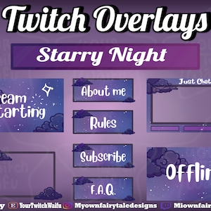 Paquete de paneles y superposición animada de Twitch de noche estrellada - 4 escenas - 1 superposición - 1 cámara web - 24 paneles - Dibujos animados - Lindo