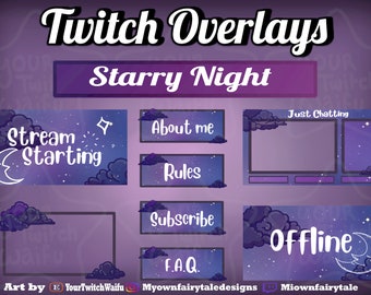 May include: A set of Twitch overlays with a starry night theme. The overlays include a stream starting screen, about me, rules, subscribe, FAQ, just chatting, and offline screens. The overlays are designed with a purple and blue color scheme and feature clouds, stars, and a crescent moon.