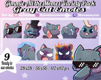 Gray Cat / Russian Blue Cat Emotes - Gimme all the Memes - Variety Pack - Twitch - Discord - YouTube - Kawaii - Cute - Chibi - 9 Pack