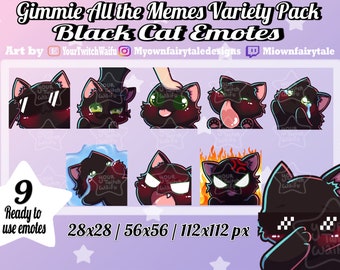Black Cat Emotes - Variety Pack - Twitch - Discord - YouTube - Kawaii - Cute - Chibi - 9 Pack