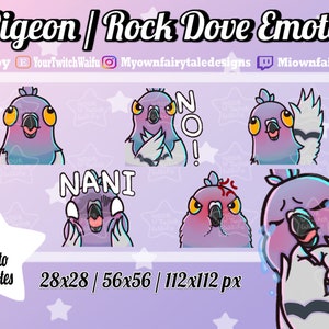 May include: Six animated emotes featuring a purple and gray pigeon with different expressions. The emotes are in various sizes: 28x28, 56x56, and 112x112 pixels. The emotes include expressions like "NANI", "NO", and a crying pigeon.