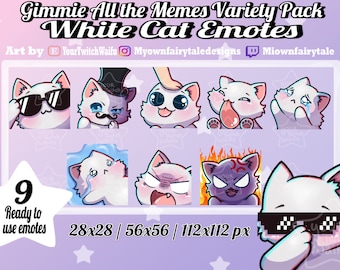 White Cat Emotes - Gimme all the Memes - Variety Pack - Twitch - Discord - YouTube - Kawaii - Cute - Chibi - 9 Pack