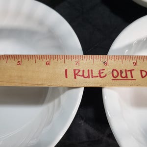 May include: Four white ceramic bowls with a raised design on the rim. The bowls are arranged in a staggered pattern. A wooden ruler with the words "I rule out doubt" is placed on top of the bowls.