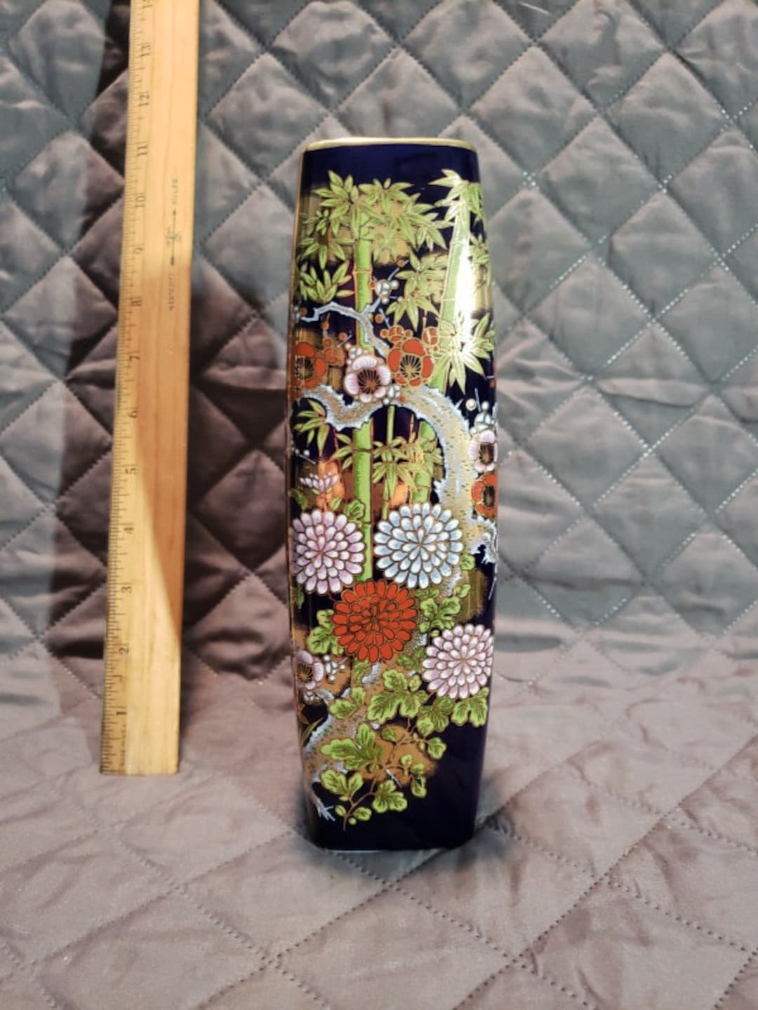 Oriental Flower Vase Cobolt Blue Foral Beautiful 9.25T X2.75w in Good