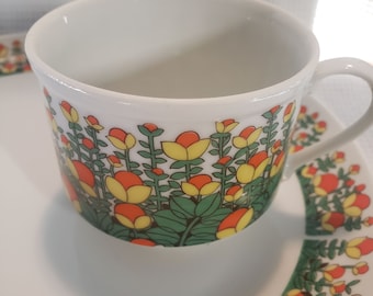 Vintage 60’s flower tea cup & plate orange yellow and green flower motif In beautiful condition very nice colors