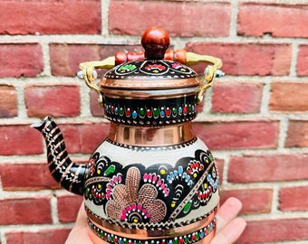 Handmade Copper Teapot Kettle Stovetop Safe Turkish Tea Pot Floral Engraved Herbal Tea Kettle Traditional Copper Kitchen Decor Gift for Her.
