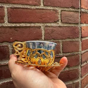 Turkish Greek Arabic Moroccan Coffee & Espresso Cup with Inner Porcelain, Metal Holder, Saucer and Lid