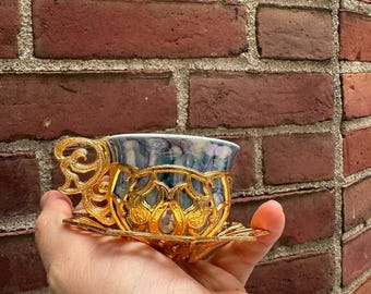 Turkish Greek Arabic Moroccan Coffee & Espresso Cup with Inner Porcelain, Metal Holder, Saucer and Lid