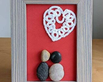 Framed 3D Rock Art with Needle Tatted Heart, "Simple Happy Love"