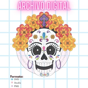 May include: A digital file featuring a colorful sugar skull design, adorned with floral elements and a cross. The skull is white with intricate details in various colors. Text at the top reads "ARCHIVO DIGITAL". Formats include SVG, Studio, and PNG.