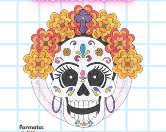 May include: A digital file featuring a colorful sugar skull design, adorned with floral elements and a cross. The skull is white with intricate details in various colors. Text at the top reads "ARCHIVO DIGITAL". Formats include SVG, Studio, and PNG.