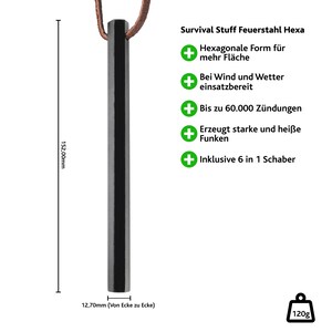 Survival Feuerstahl HEXA Feuerstarter perfekt für dein Bushcraft Outdoor Abenteuer Firesteel mit bis zu 60.000 Zündungen Bild 6