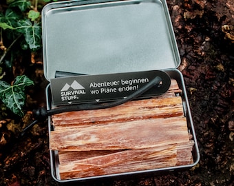 Survival Fire Kit - fire steel - resinous pinewood - incl. tin - perfect for your bushcraft - outdoor adventure