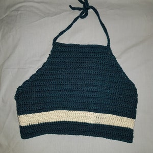Crochet cropped camisole bralette halter neck, white and green, size S