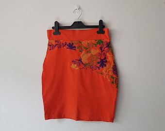 Vintage retro Y2K 2000s orange mini pencil skirt, size XS / S, funky embroidered