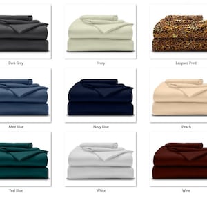 May include: Nine different color options for a bed sheet set. The colors are dark grey, ivory, leopard print, med blue, navy blue, peach, teal blue, white, and wine.