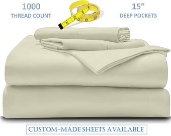 1000-Thread-Count 100% Egyptian Cotton Sheet Set, 15-Inch Deep Pockets 4-PC Bedsheet, 1 Flat Sheet, 1 Fitted Sheet, 2 Pillowcase