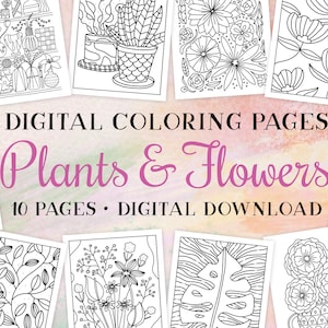Plants & Flowers Coloring Pages // Digital Download, Printable Coloring Pages, Coloring Pages for Adults