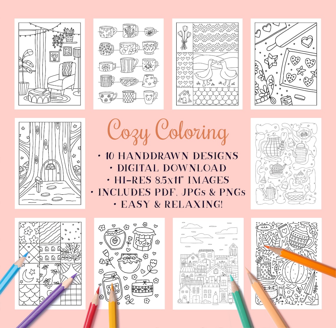 Cozy Coloring // Digital Download, Printable Coloring Pages, Coloring