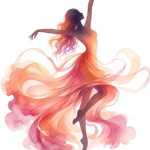 May include: A watercolour illustration of a dancer in motion, featuring a flowing dress in vibrant shades of orange, pink, and red. The figure is captured with arms extended upward and outward, with the fabric swirling around the legs.