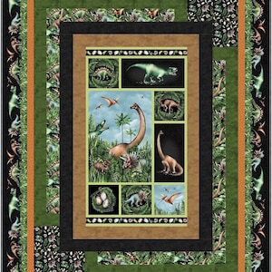 May include: A black and green quilt with a dinosaur theme. The quilt features a variety of dinosaurs, including a stegosaurus, a brachiosaurus, and a triceratops. The quilt is surrounded by a black border with a green and orange border.